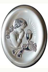 Obrazek srebrny owalny dziewczynka - Pamiątka Pierwszej Komunii Świętej