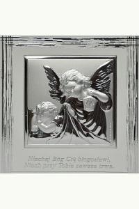 Obrazek srebrny ANIOŁ STRÓŻ Z LATARENKĄ w ramce - Pamiątka Chrztu Świętego